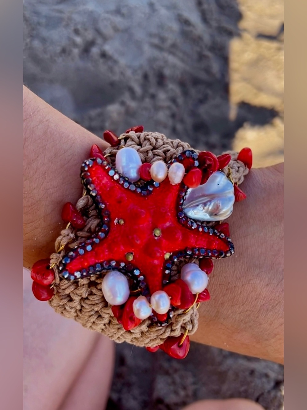 Handmade Red Starfish Beaded Swarovski Bracelet - Nautical Macramé Style